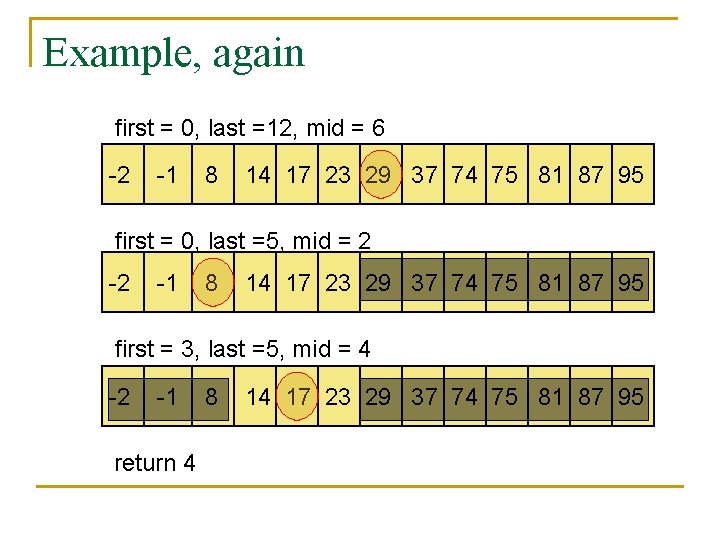 Example, again first = 0, last =12, mid = 6 -2 -1 8 14