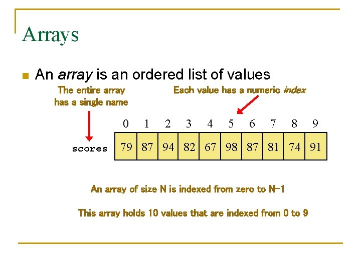 Arrays n An array is an ordered list of values Each value has a