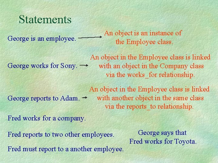 Statements George is an employee. An object is an instance of the Employee class.