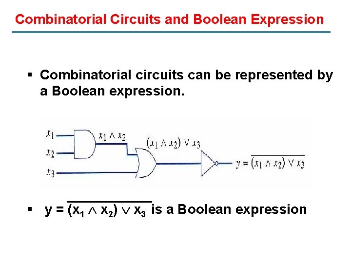 Combinatorial Circuits and Boolean Expression § Combinatorial circuits can be represented by a Boolean