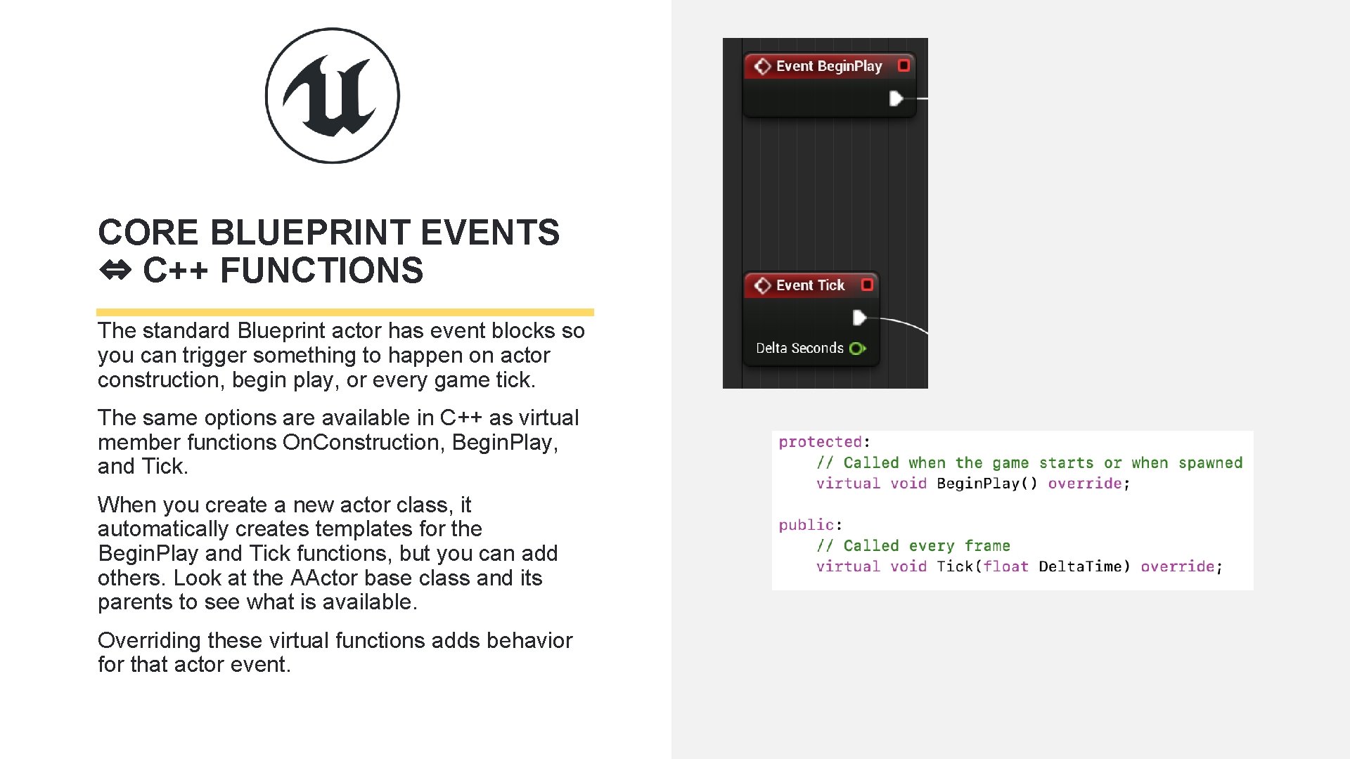 CORE BLUEPRINT EVENTS ⇔ C++ FUNCTIONS The standard Blueprint actor has event blocks so