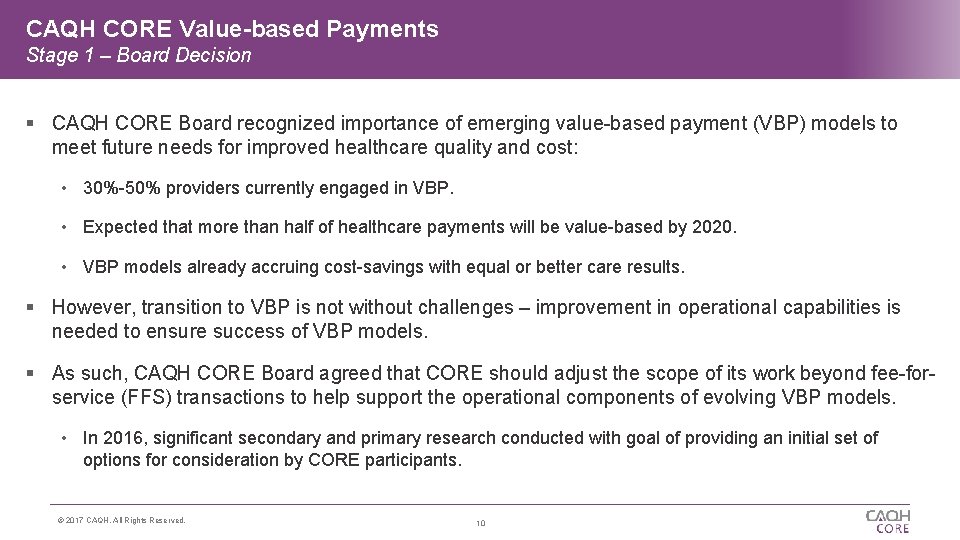 CAQH CORE Value-based Payments Stage 1 – Board Decision CAQH CORE Board recognized importance