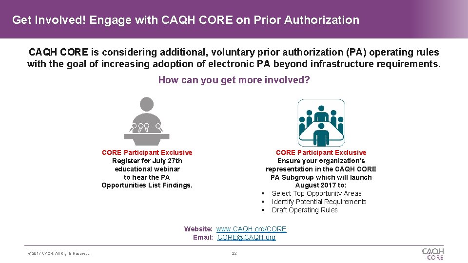 Get Involved! Engage with CAQH CORE on Prior Authorization CAQH CORE is considering additional,