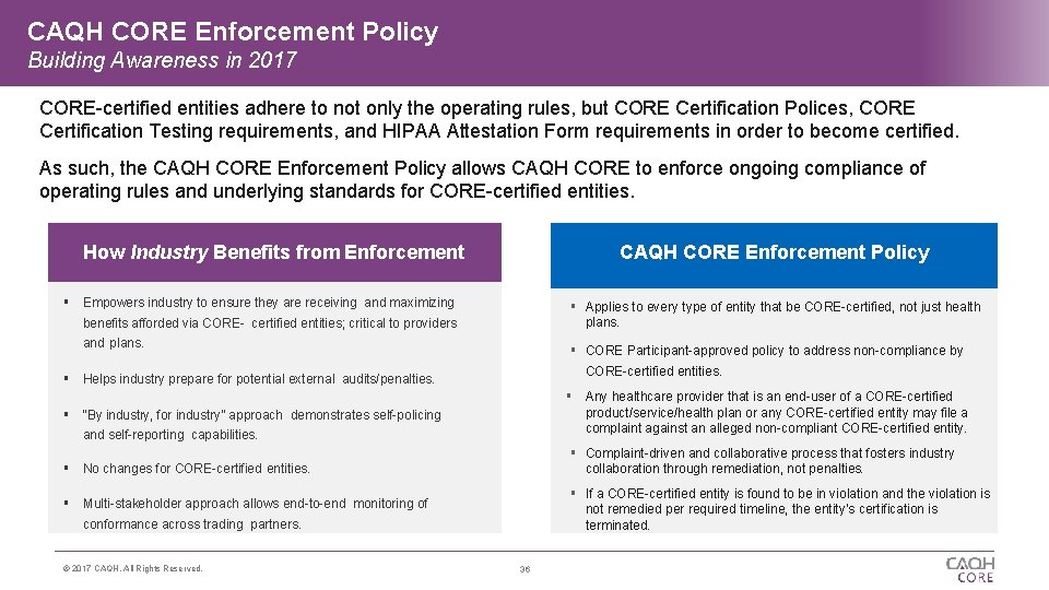 CAQH CORE Enforcement Policy Building Awareness in 2017 CORE-certified entities adhere to not only