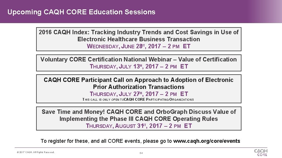 Upcoming CAQH CORE Education Sessions 2016 CAQH Index: Tracking Industry Trends and Cost Savings