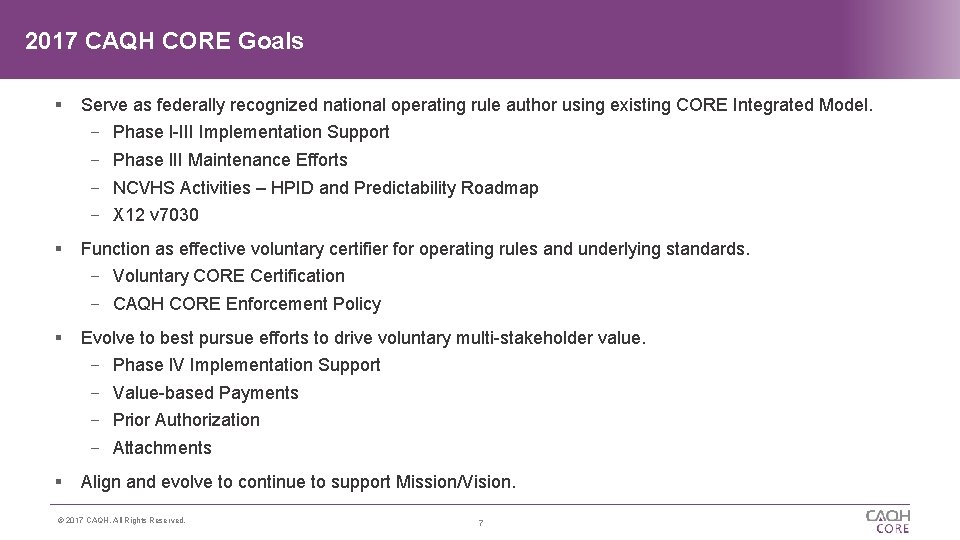 2017 CAQH CORE Goals Serve as federally recognized national operating rule author using existing