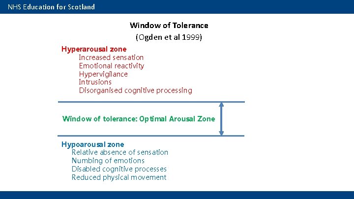 NHS Education for Scotland Window of Tolerance (Ogden et al 1999) Hyperarousal zone Increased