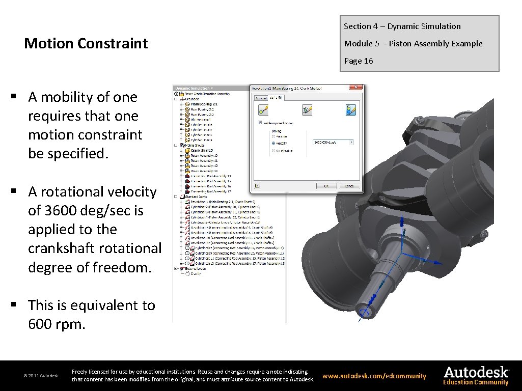 Section 4 – Dynamic Simulation Motion Constraint Module 5 - Piston Assembly Example Page