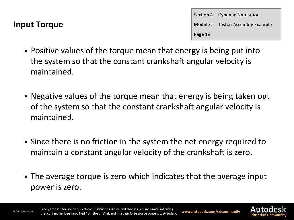 Section 4 – Dynamic Simulation Input Torque Module 5 - Piston Assembly Example Page