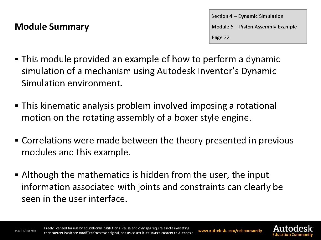 Section 4 – Dynamic Simulation Module Summary Module 5 - Piston Assembly Example Page