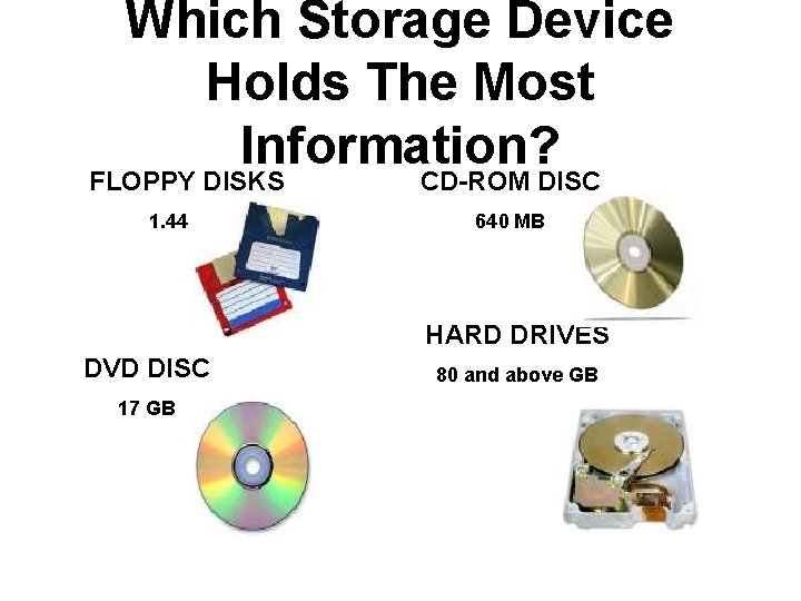 Which Storage Device Holds The Most Information? FLOPPY DISKS CD-ROM DISC 1. 44 MB