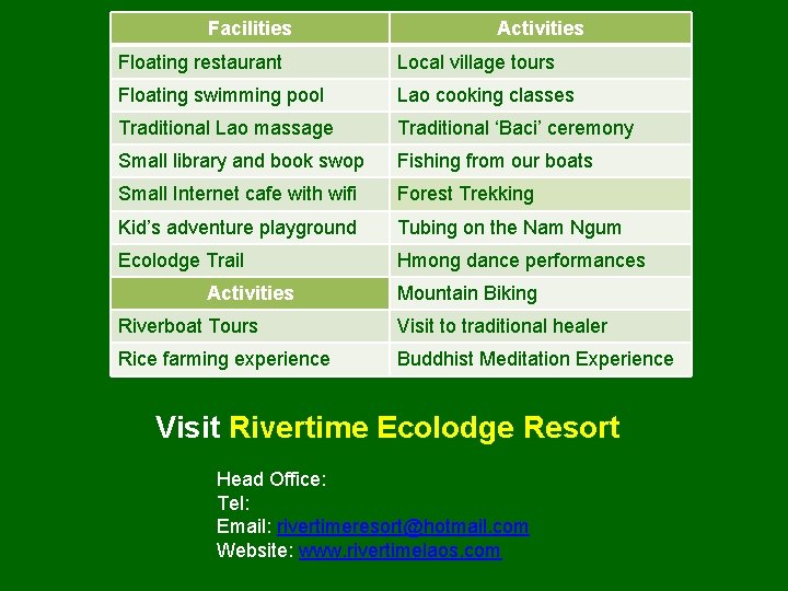 Facilities Activities Floating restaurant Local village tours Floating swimming pool Lao cooking classes Traditional