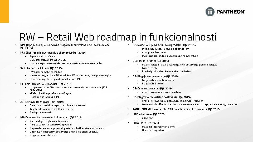 RW – Retail Web roadmap in funkcionalnosti • RW: Dopolnjena spletna davčna Blagajna in