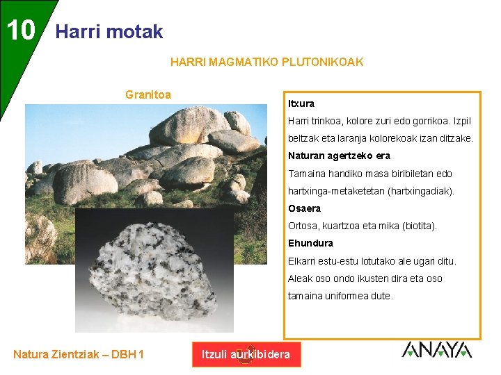 UNIDAD 10 3 Harri motak HARRI MAGMATIKO PLUTONIKOAK Granitoa Itxura Harri trinkoa, kolore zuri