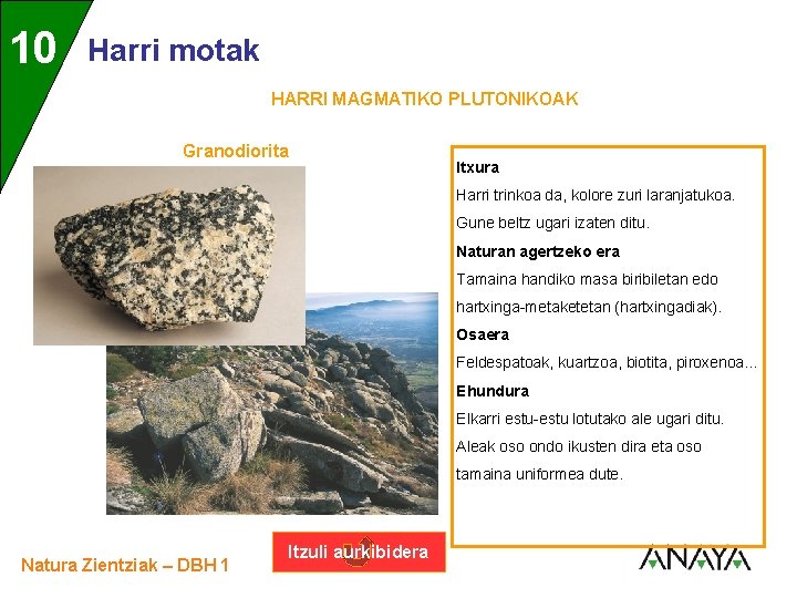 UNIDAD 10 3 Harri motak HARRI MAGMATIKO PLUTONIKOAK Granodiorita Itxura Harri trinkoa da, kolore