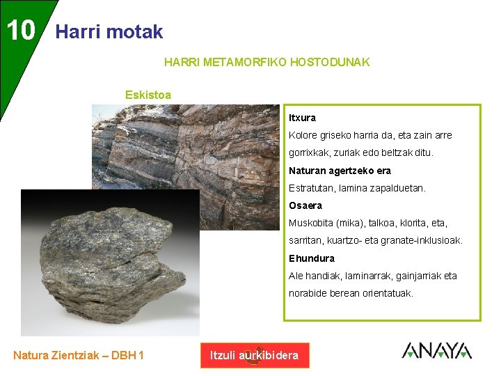 UNIDAD 10 3 Harri motak HARRI METAMORFIKO HOSTODUNAK Eskistoa Itxura Kolore griseko harria da,