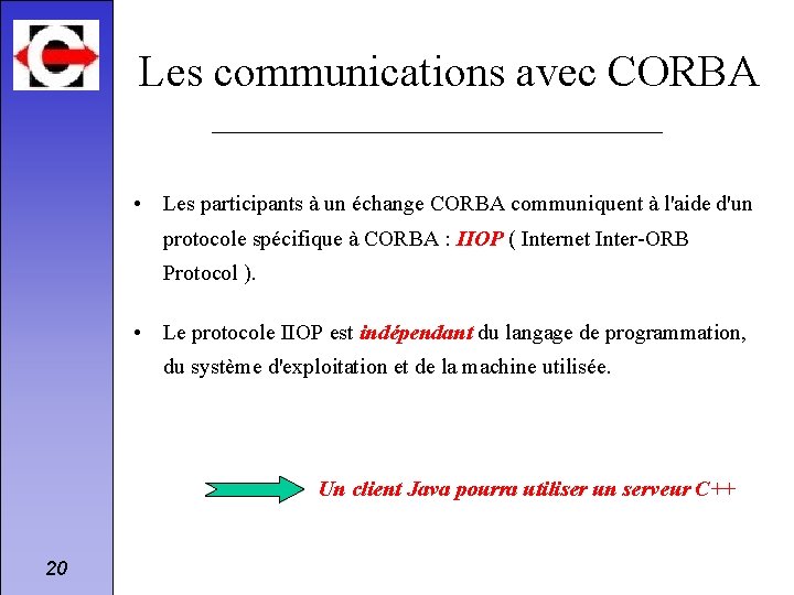 Les communications avec CORBA • Les participants à un échange CORBA communiquent à l'aide
