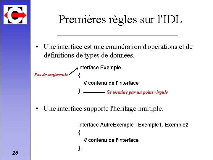 Premières règles sur l'IDL • Une interface est une énumération d'opérations et de définitions