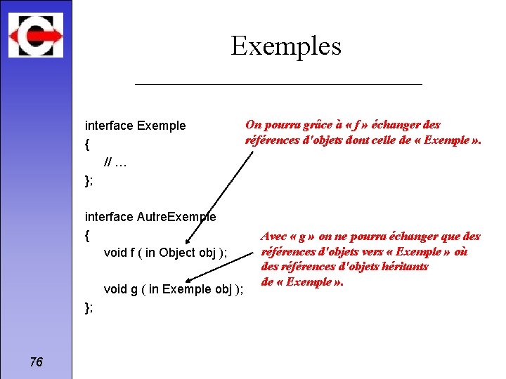 Exemples interface Exemple { // … }; interface Autre. Exemple { void f (