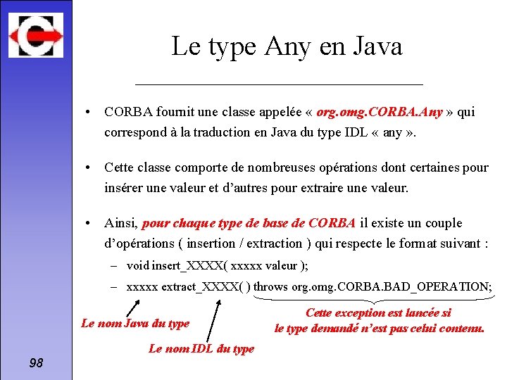 Le type Any en Java • CORBA fournit une classe appelée « org. omg.