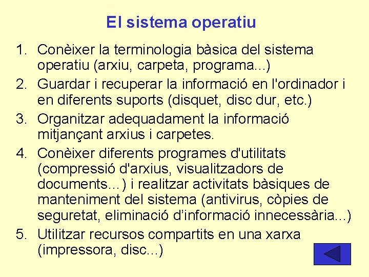 El sistema operatiu 1. Conèixer la terminologia bàsica del sistema operatiu (arxiu, carpeta, programa.