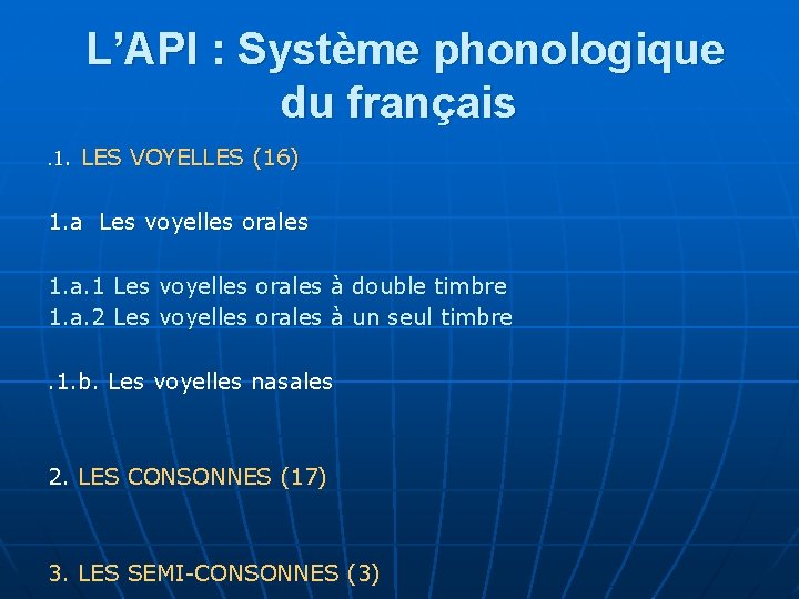 L’API : Système phonologique du français. 1. LES VOYELLES (16) 1. a Les voyelles