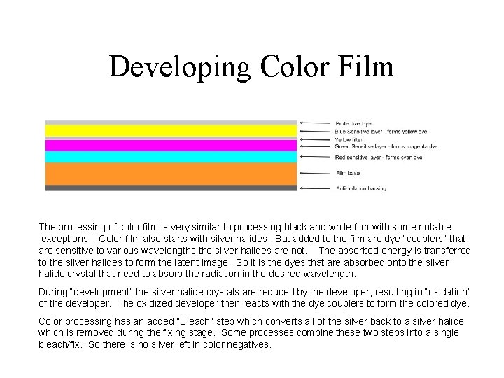 Developing Color Film The processing of color film is very similar to processing black