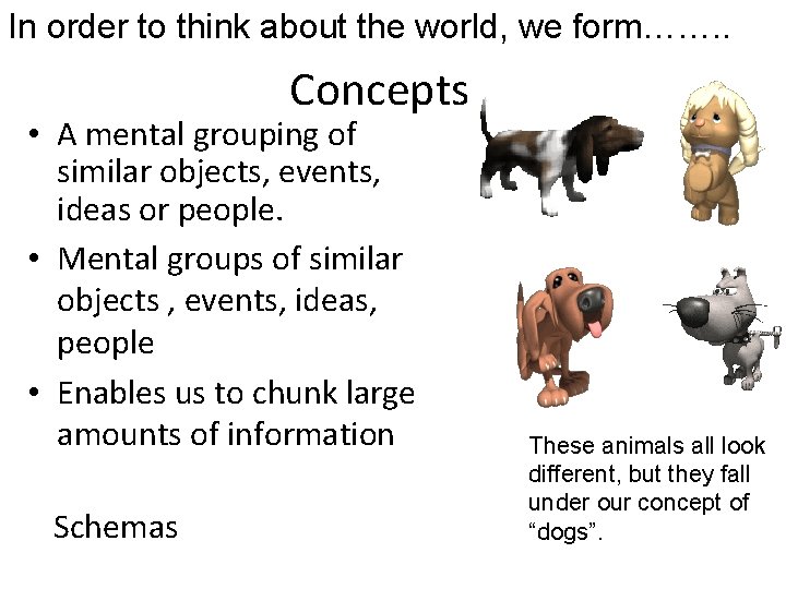 In order to think about the world, we form……. . Concepts • A mental