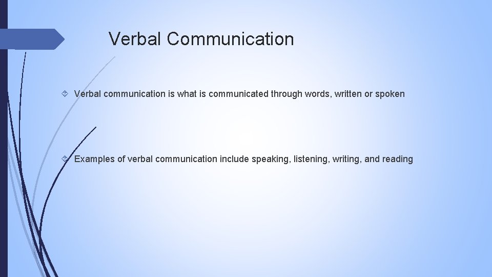 Verbal Communication Verbal communication is what is communicated through words, written or spoken Examples