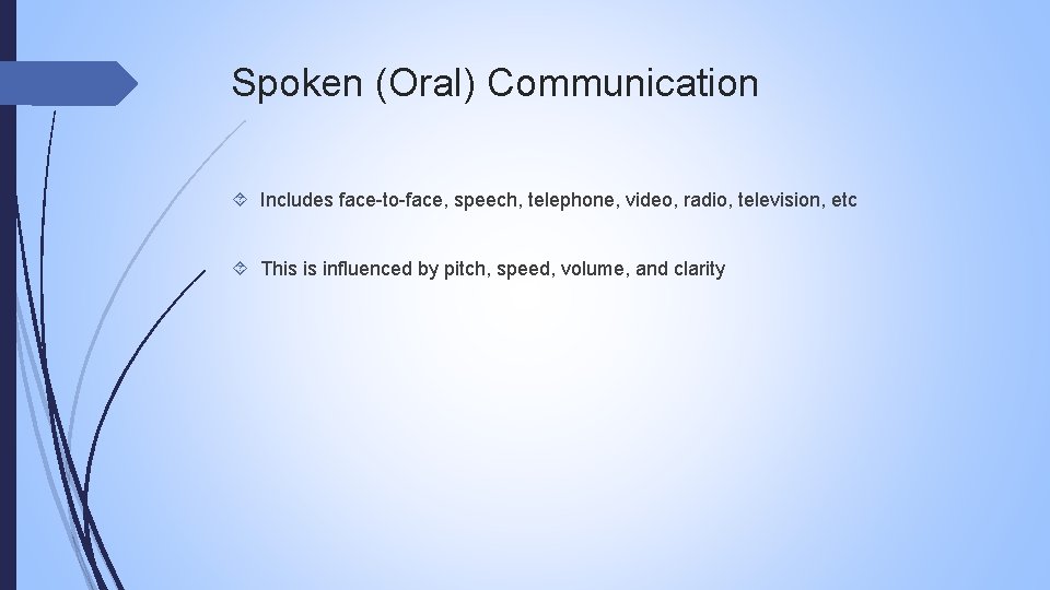 Spoken (Oral) Communication Includes face-to-face, speech, telephone, video, radio, television, etc This is influenced