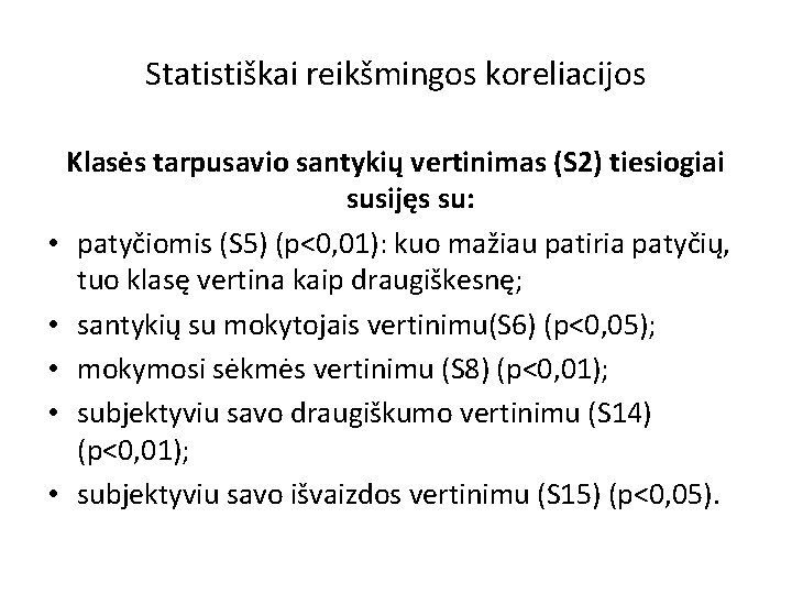 Statistiškai reikšmingos koreliacijos Klasės tarpusavio santykių vertinimas (S 2) tiesiogiai susijęs su: • patyčiomis