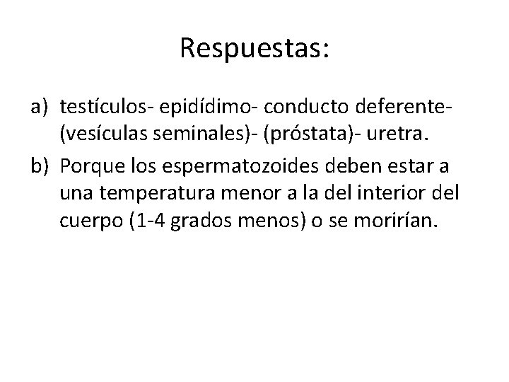 Respuestas: a) testículos- epidídimo- conducto deferente(vesículas seminales)- (próstata)- uretra. b) Porque los espermatozoides deben