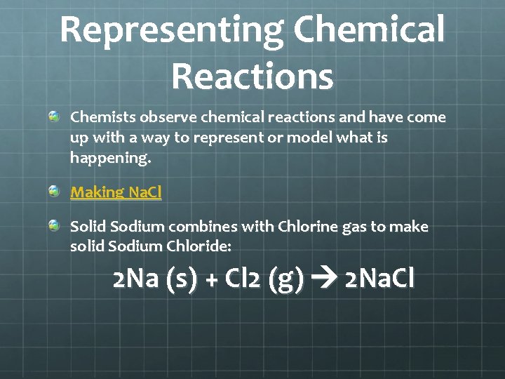 Representing Chemical Reactions Chemists observe chemical reactions and have come up with a way Representing Chemical Reactions Chemists observe chemical reactions and have come up with a way