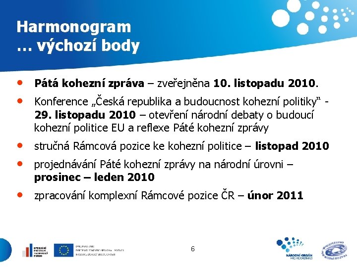 Harmonogram … výchozí body • • Pátá kohezní zpráva – zveřejněna 10. listopadu 2010.