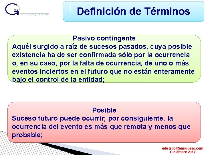 Definición de Términos Pasivo contingente Aquél surgido a raíz de sucesos pasados, cuya posible