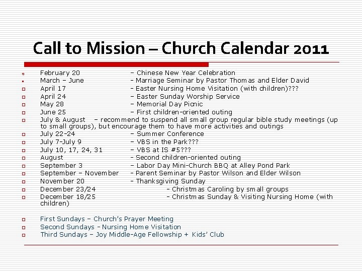 Call to Mission – Church Calendar 2011 o • o o o o o