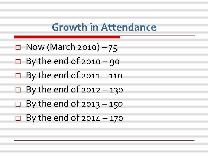 Growth in Attendance o o o Now (March 2010) – 75 By the end