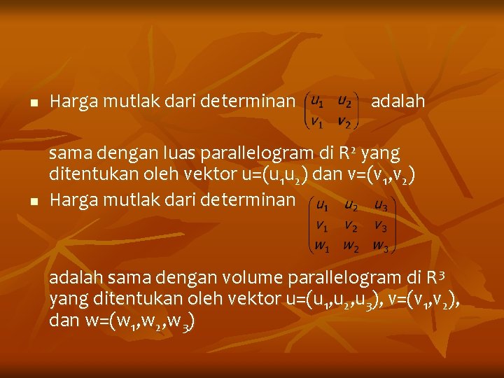 n Harga mutlak dari determinan adalah n sama dengan luas parallelogram di R 2