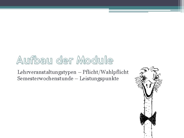 Aufbau der Module Lehrveranstaltungstypen – Pflicht/Wahlpflicht – Semesterwochenstunde – Leistungspunkte 