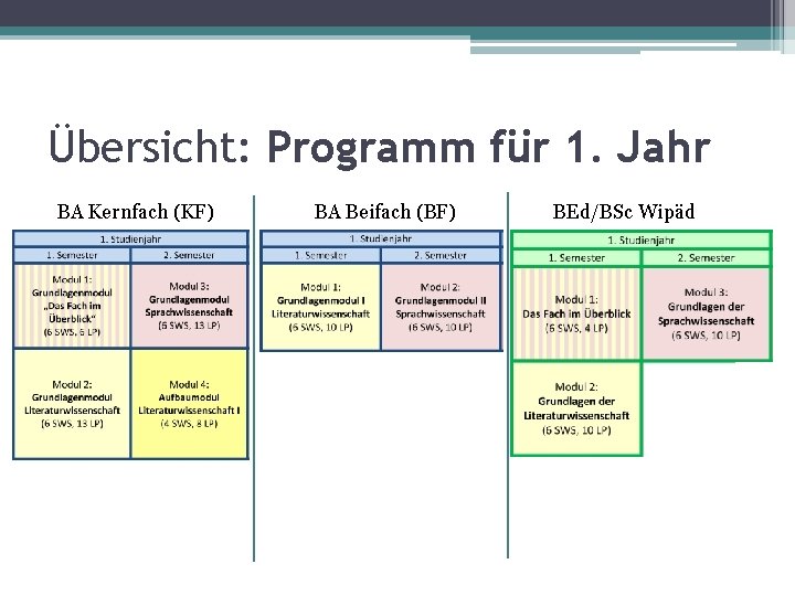 Übersicht: Programm für 1. Jahr BA Kernfach (KF) BA Beifach (BF) BEd/BSc Wipäd 