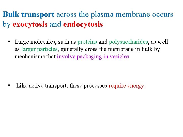 Bulk transport across the plasma membrane occurs by exocytosis and endocytosis § Large molecules,