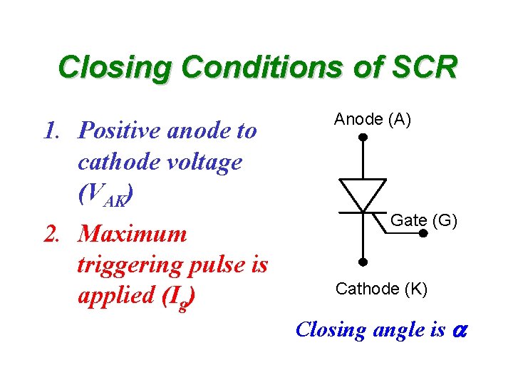 Closing Conditions of SCR 1. Positive anode to cathode voltage (VAK) 2. Maximum triggering