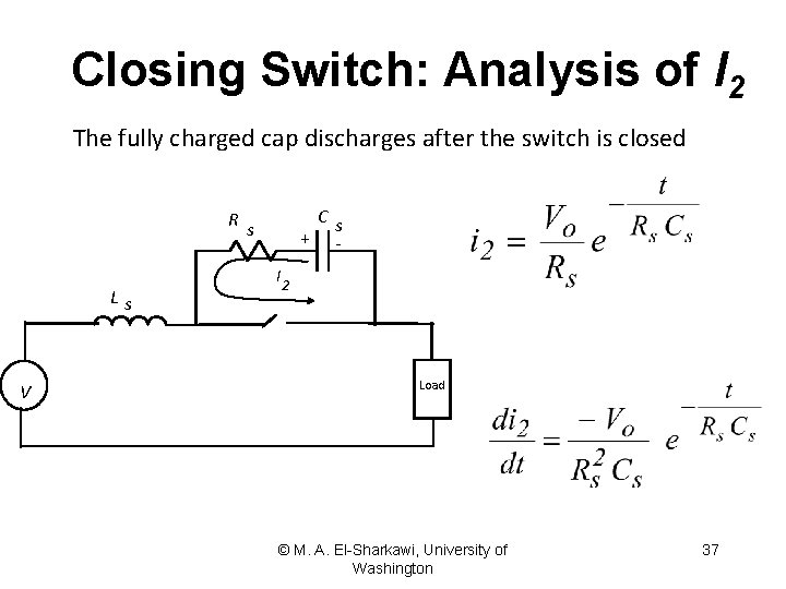 Closing Switch: Analysis of I 2 The fully charged cap discharges after the switch