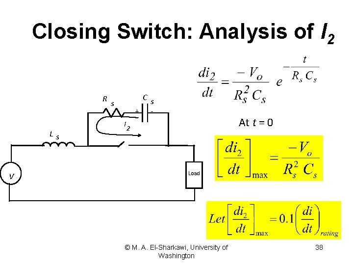 Closing Switch: Analysis of I 2 Cs + - Rs Ls V At t