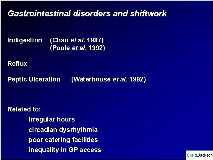 Gastrointestinal disorders and shiftwork Indigestion (Chan et al. 1987) (Poole et al. 1992) Reflux