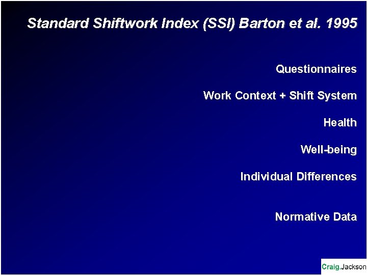 Standard Shiftwork Index (SSI) Barton et al. 1995 Questionnaires Work Context + Shift System