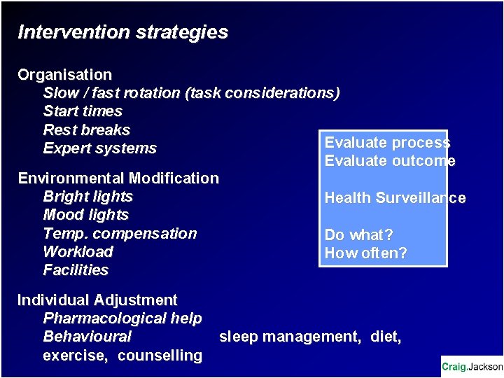 Intervention strategies Organisation Slow / fast rotation (task considerations) Start times Rest breaks Evaluate