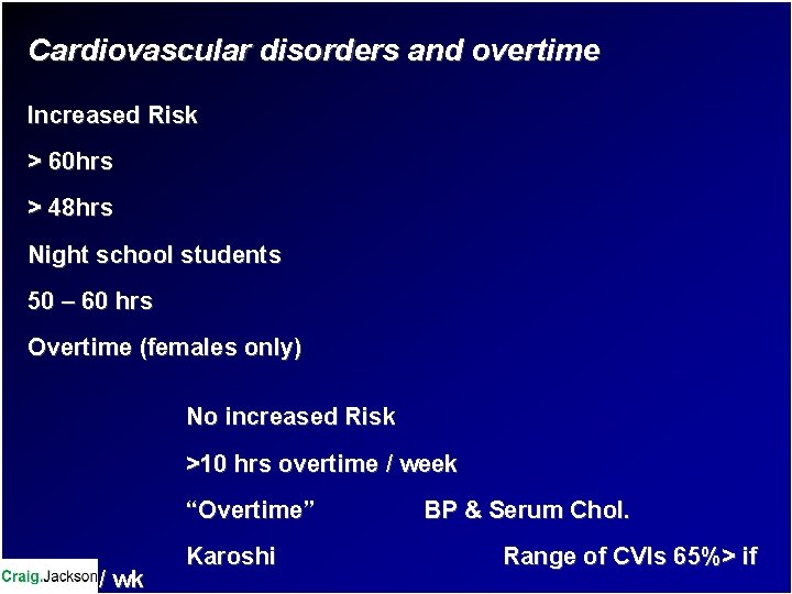 Cardiovascular disorders and overtime Increased Risk > 60 hrs > 48 hrs Night school