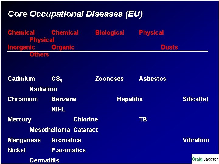 Core Occupational Diseases (EU) Chemical Physical Inorganic Others Biological Cadmium Zoonoses CS 5 Physical