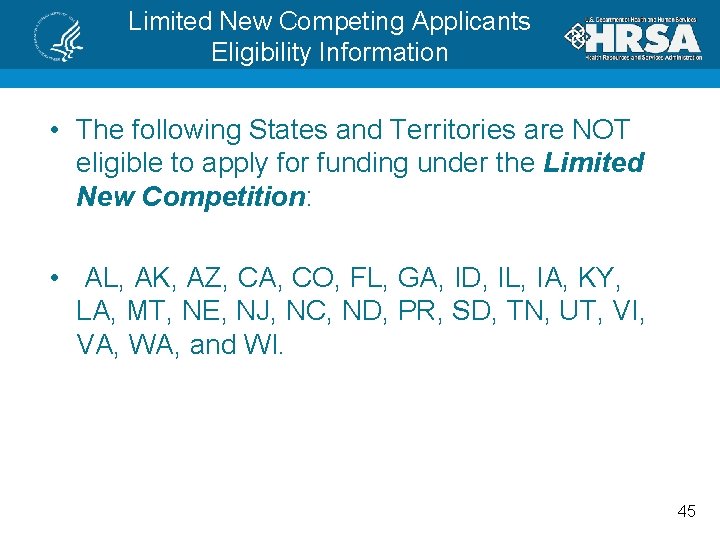 Limited New Competing Applicants Eligibility Information • The following States and Territories are NOT